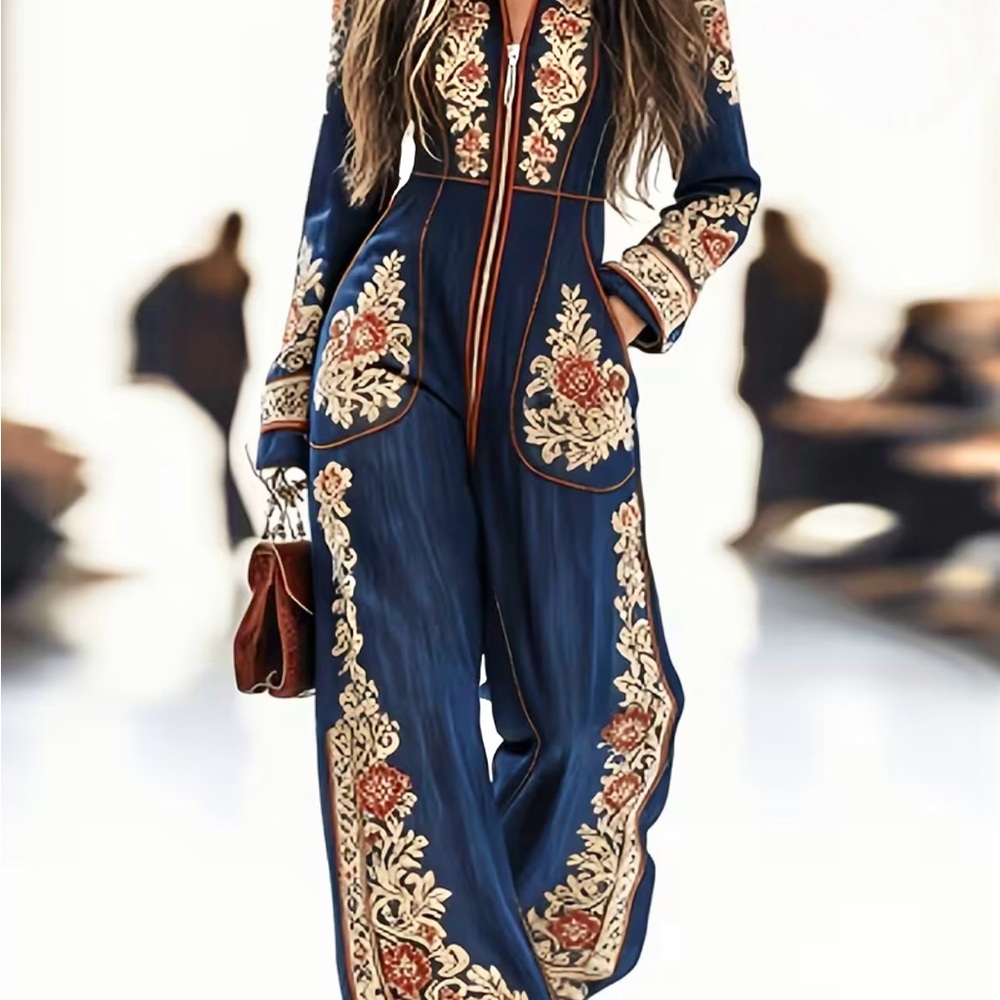 Elegant Blue Embroidered Jumpsuit